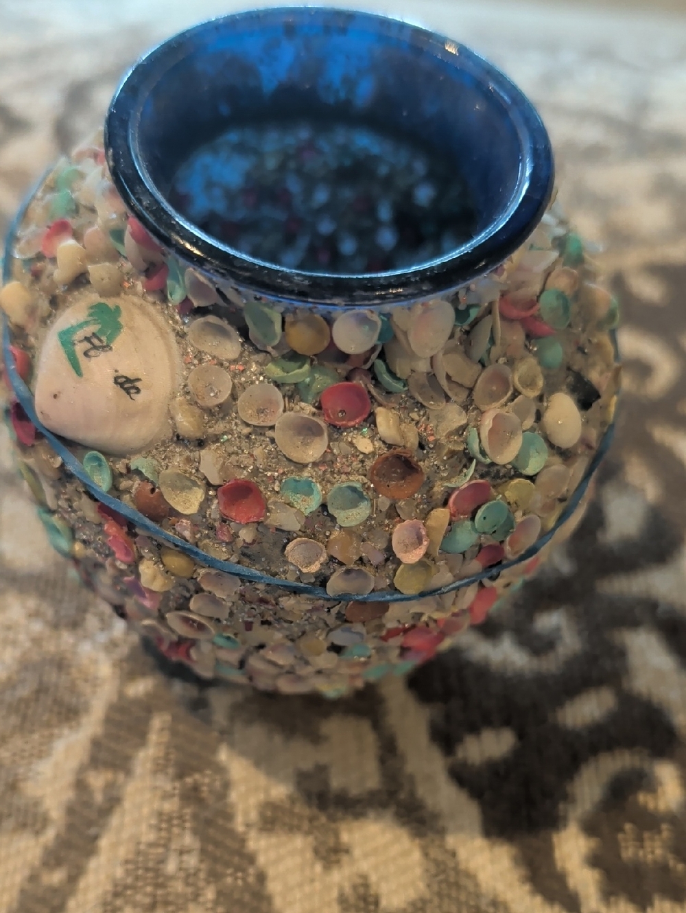 Handcrafted Seaside Shell Bud Vase with Blue Rim